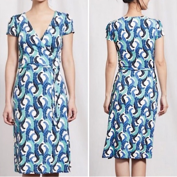 Boden Wrap Dress Blue feather Print Midi size 12L - Picture 15 of 15